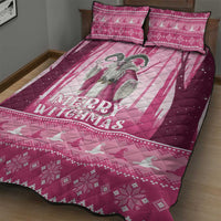 Pink quilt bed set showing central witch artwork and “Merry Witchmas” on the quilt