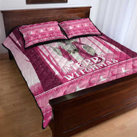 Pink quilt bed set with witch motif, “Merry Witchmas” headline, and two matching pillowcases