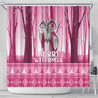 Pink shower curtain with witch holding staff and “MERRY WITCHMAS” text