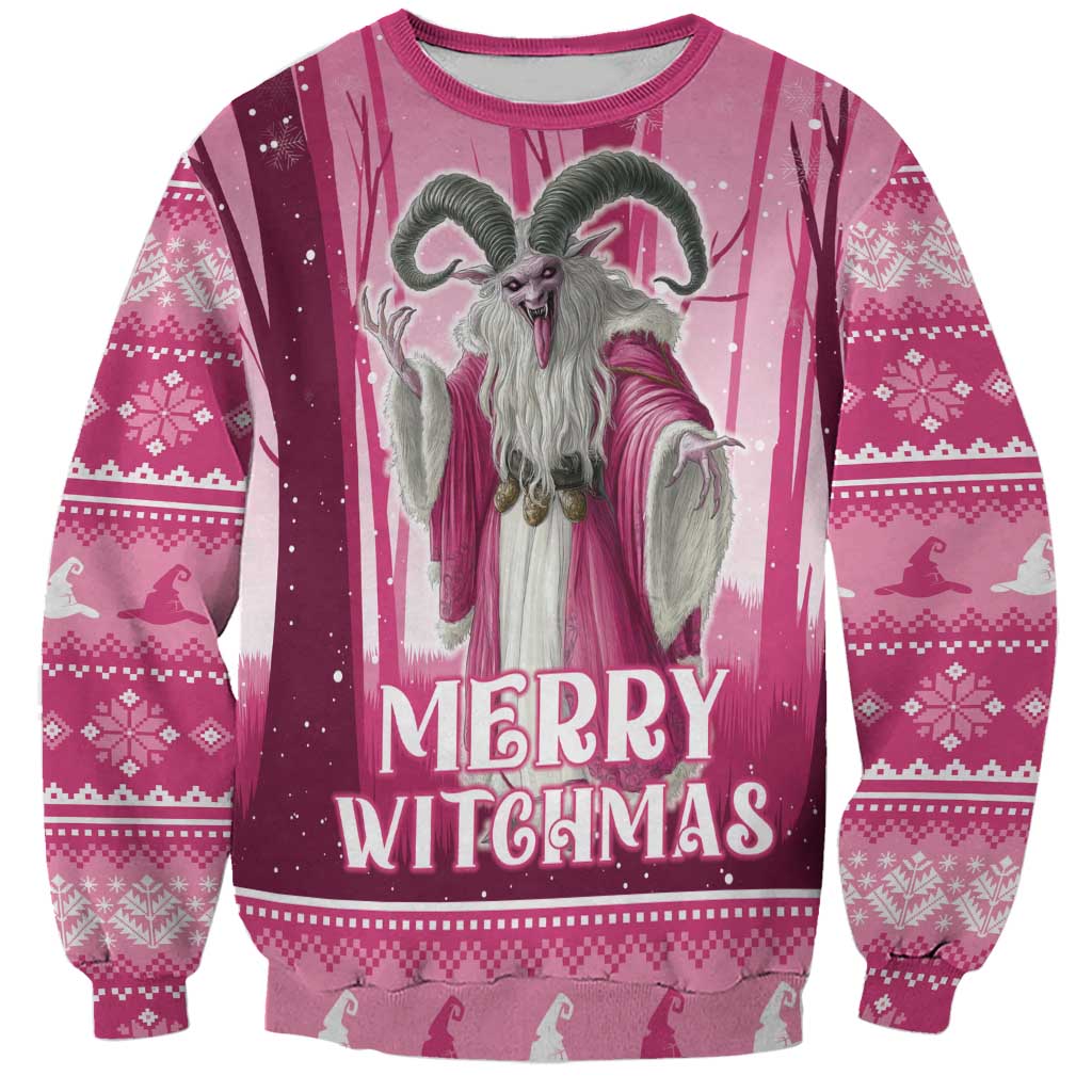 Pink unisex sweatshirt with Merry Witchmas text and gray-haired witch graphic