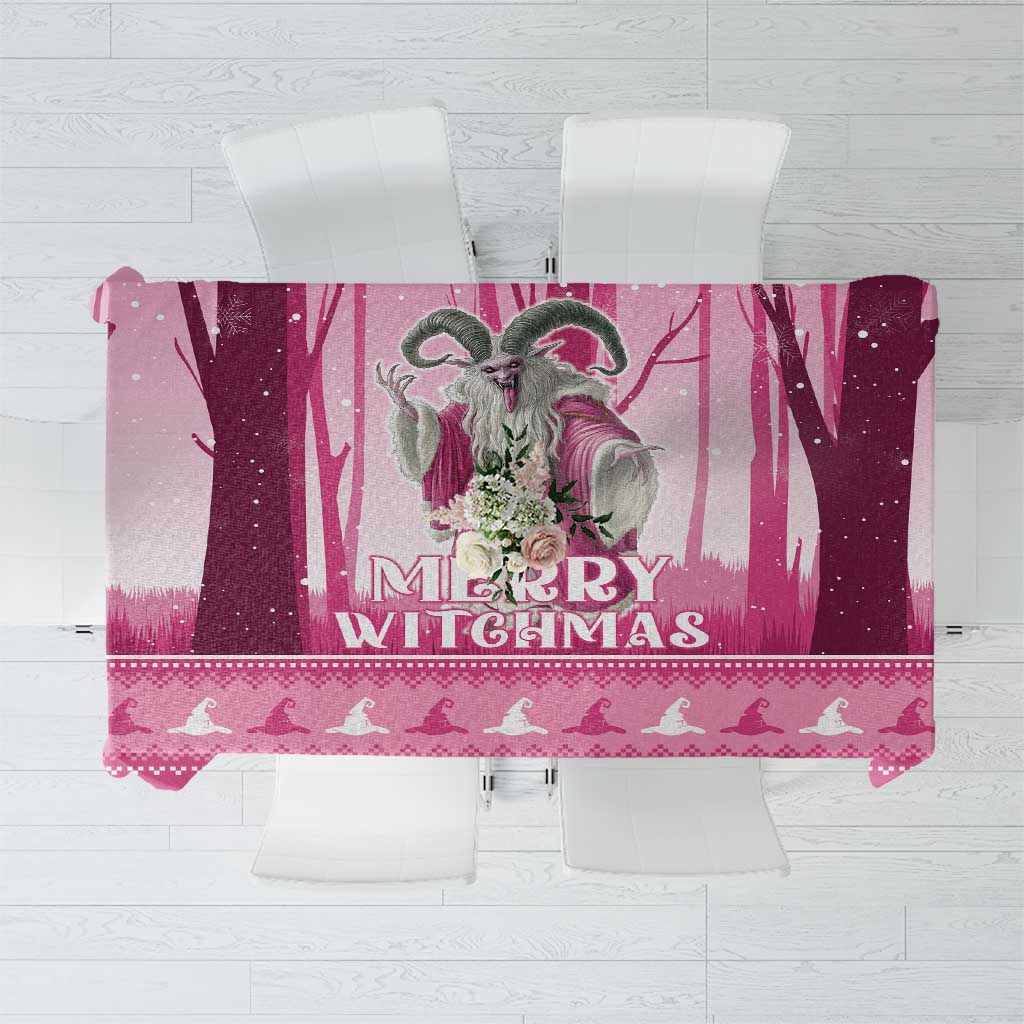 Pink Christmas tablecloth with witch and “Merry Witchmas” graphic