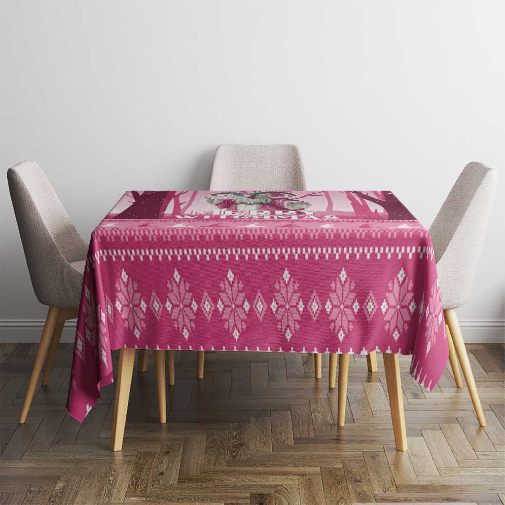 Pink round-corner Christmas tablecloth with witch motif and decorative border