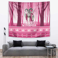 Pink Merry Witchmas tapestry with twin witch figures and decorative border design