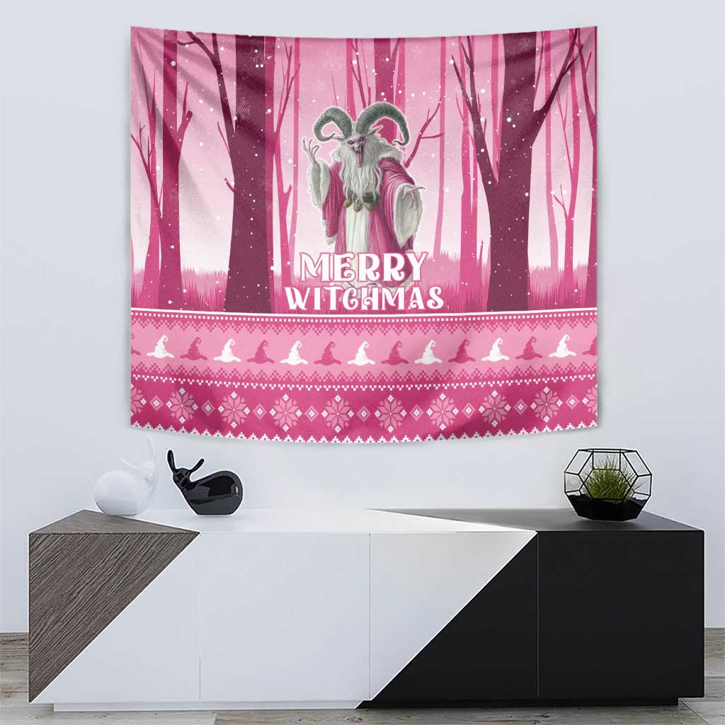 Pink hanging tapestry with Merry Witchmas lettering and witch illustration with decorative hem