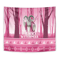 Pink tapestry close view with twin witch figures, Merry Witchmas text, and patterned edge