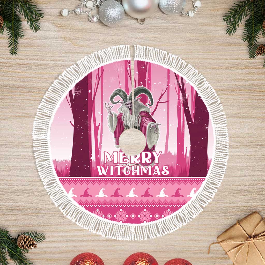Pink round tree skirt with white fringe, Merry Witchmas text and witch silhouettes