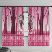 Pink witch-themed window curtain panels with “Merry Witchmas” text and dark gray figures