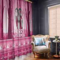 Pink Merry Witchmas curtain with tall witch artwork and starry strip pattern across window