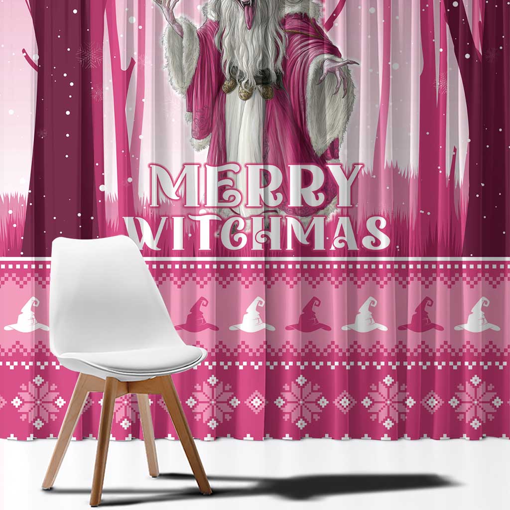 Pink “Merry Witchmas” curtain featuring a witch illustration and small castle silhouettes