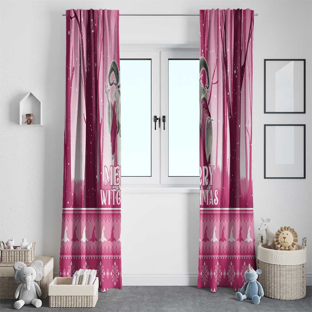 Pink pair of witch-themed curtains with “Merry Witchmas” text and matching border pattern