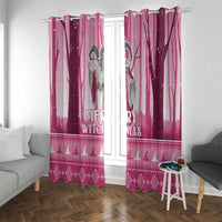 Pink curtain panels with witch graphics and “Merry Witchmas,” hung on rings above the window