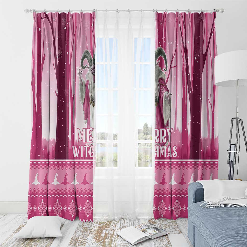 Pink witch “Merry Witchmas” curtains with central window view and patterned lower hem
