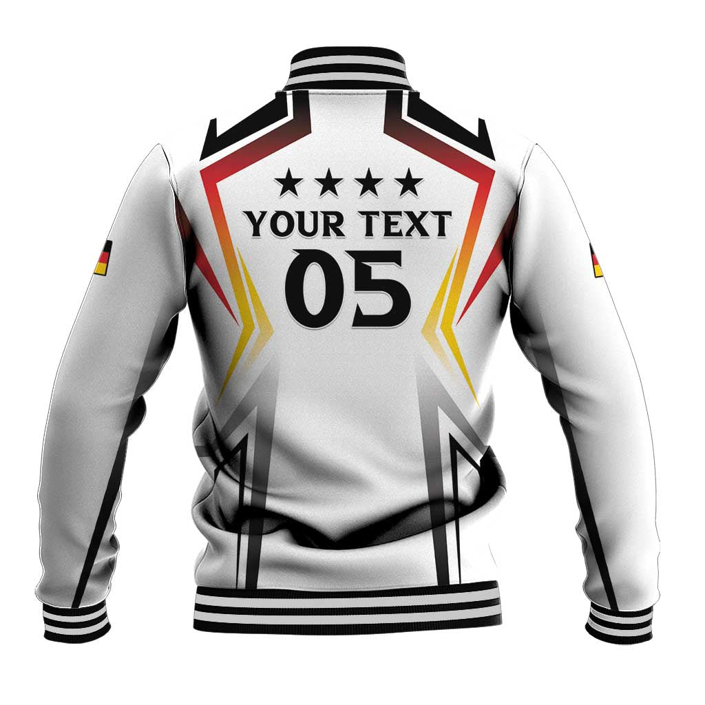 White varsity baseball jacket with your text 05 back graphic, snap front, striped rib cuffs