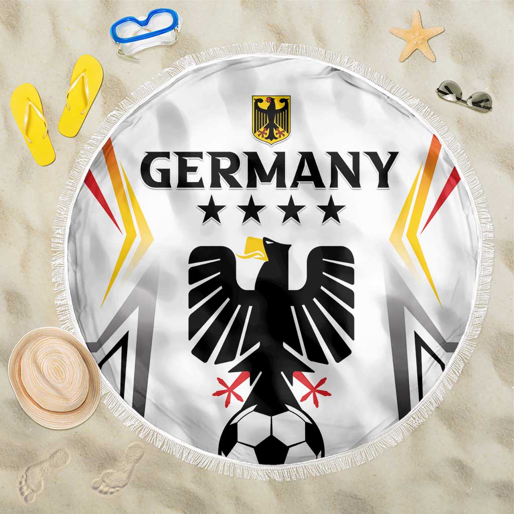 White circular Germany football beach blanket with Germany crest, eagle graphic, fringed edge