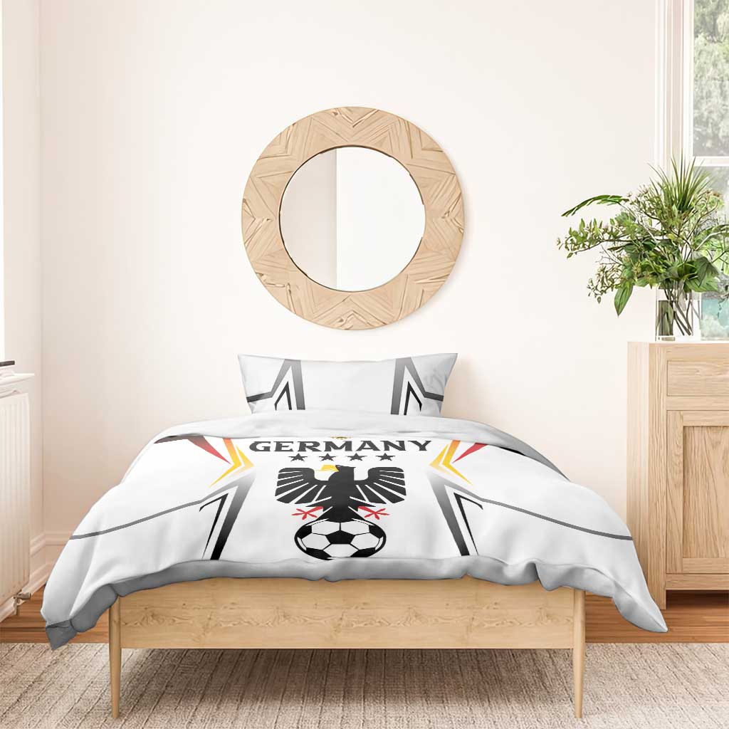 White Germany football bedding set on bed, eagle and soccer ball design on duvet