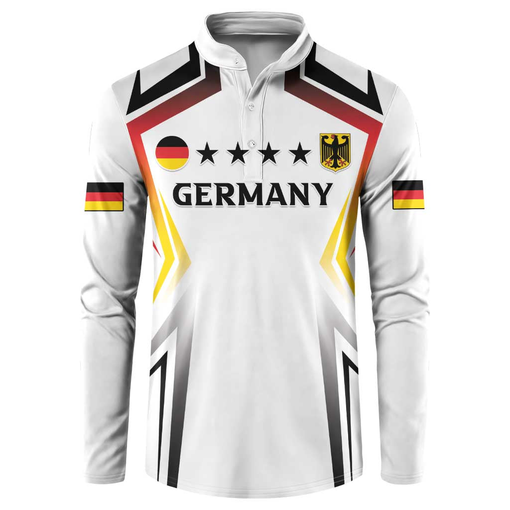 Men's white button-front football sweatshirt with Germany crest and star graphic