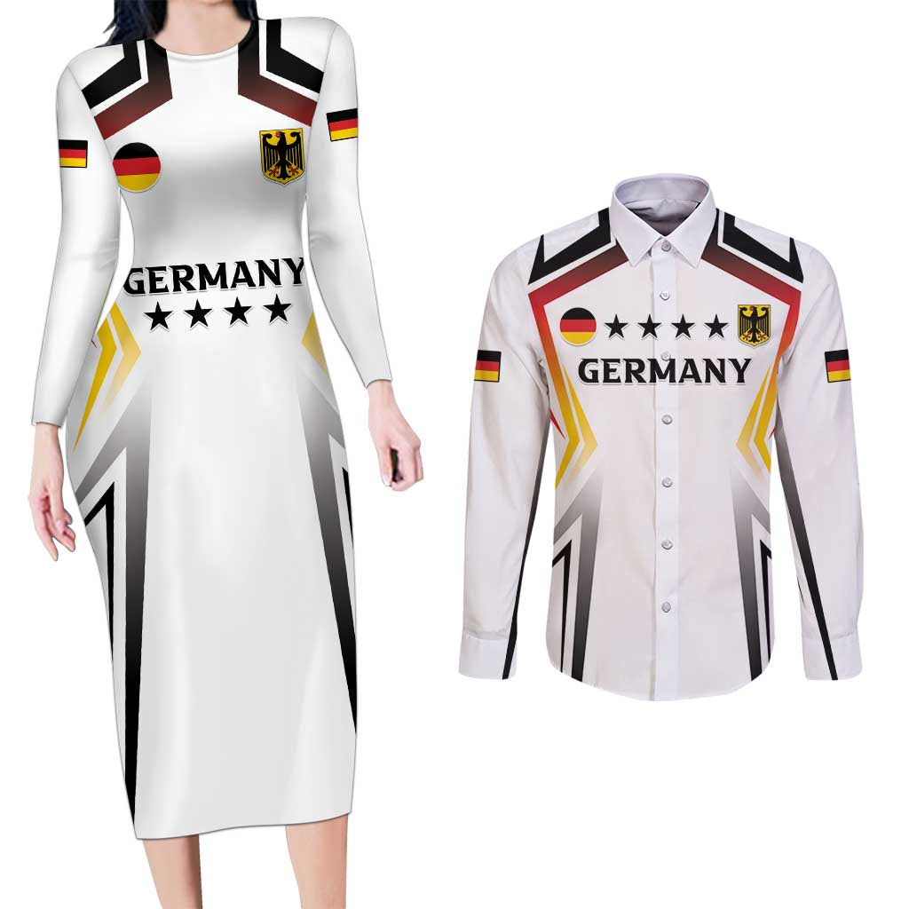 Custom Germany 2024 Football Couples Matching Long Sleeve Bodycon Dress and Long Sleeve Button Shirt Go Champions Nationalelf White Version LT05 - Wonder Print Shop