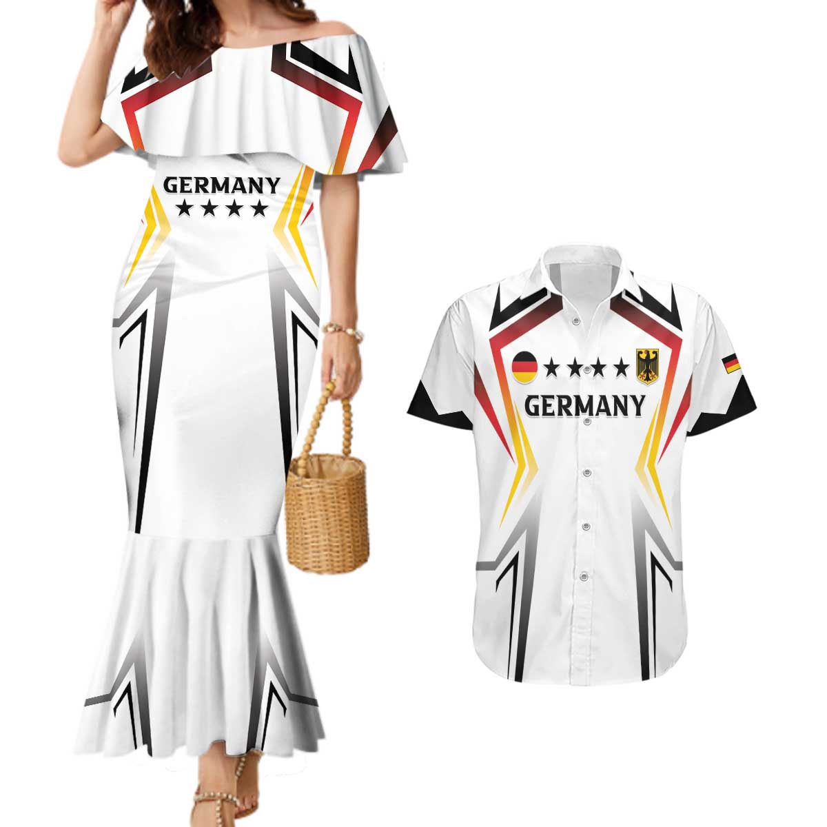 Custom Germany 2024 Football Couples Matching Mermaid Dress and Hawaiian Shirt Go Champions Nationalelf White Version LT05 - Wonder Print Shop