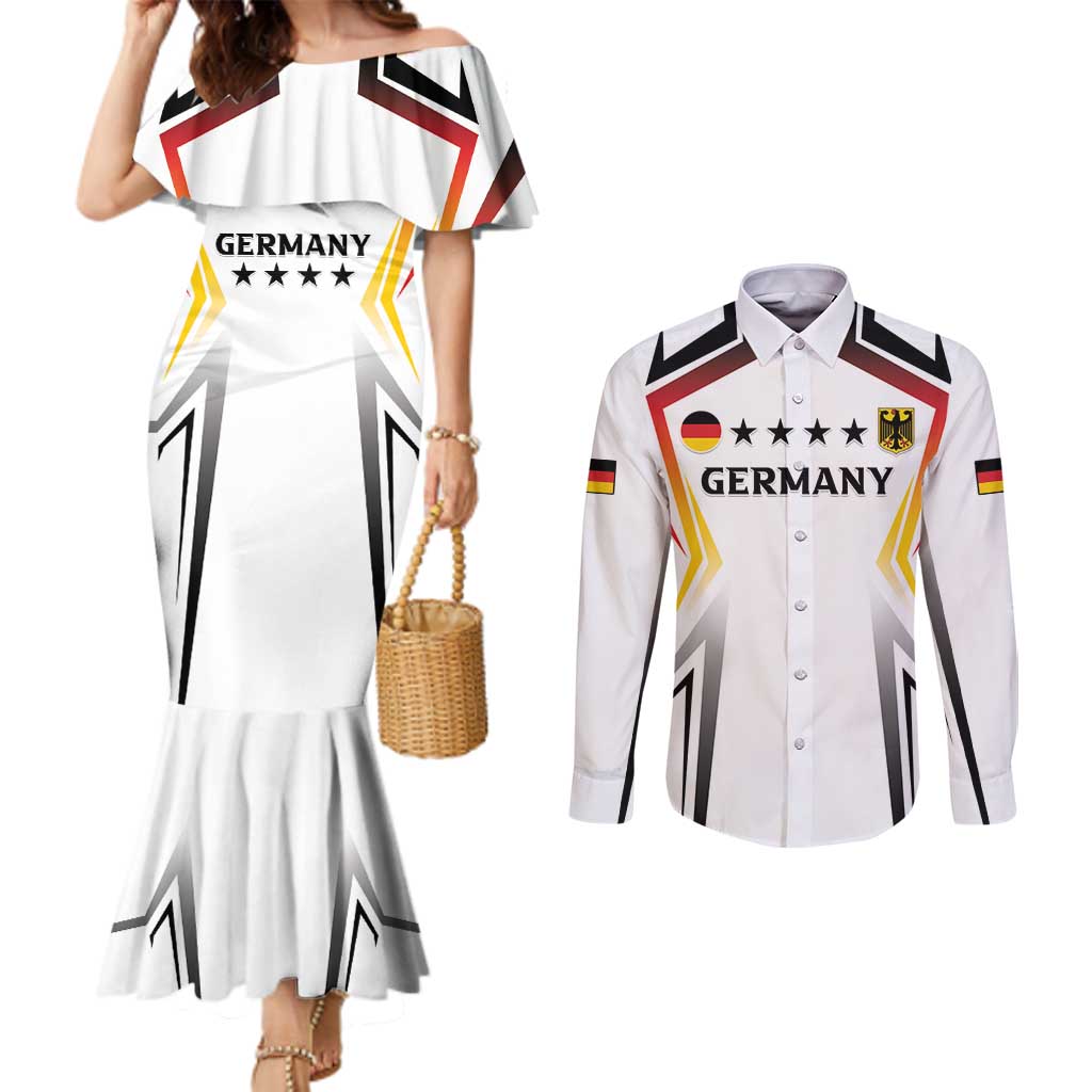 Custom Germany 2024 Football Couples Matching Mermaid Dress and Long Sleeve Button Shirt Go Champions Nationalelf White Version