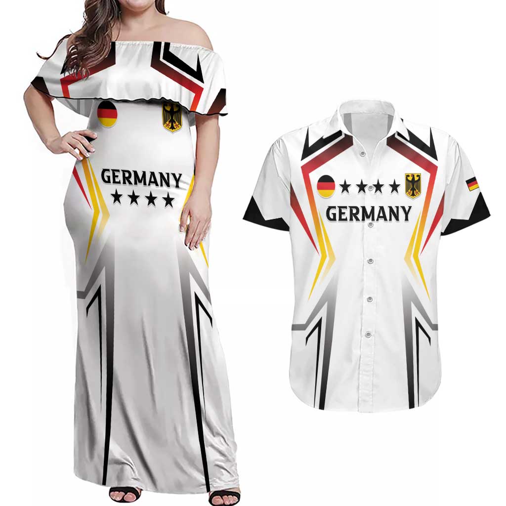 Custom Germany 2024 Football Couples Matching Off Shoulder Maxi Dress and Hawaiian Shirt Go Champions Nationalelf White Version LT05 - Wonder Print Shop