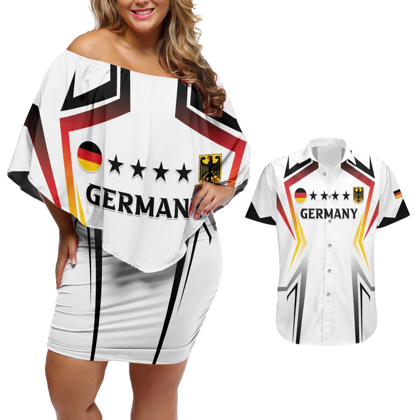 Custom Germany 2024 Football Couples Matching Off Shoulder Short Dress and Hawaiian Shirt Go Champions Nationalelf White Version LT05 - Wonder Print Shop