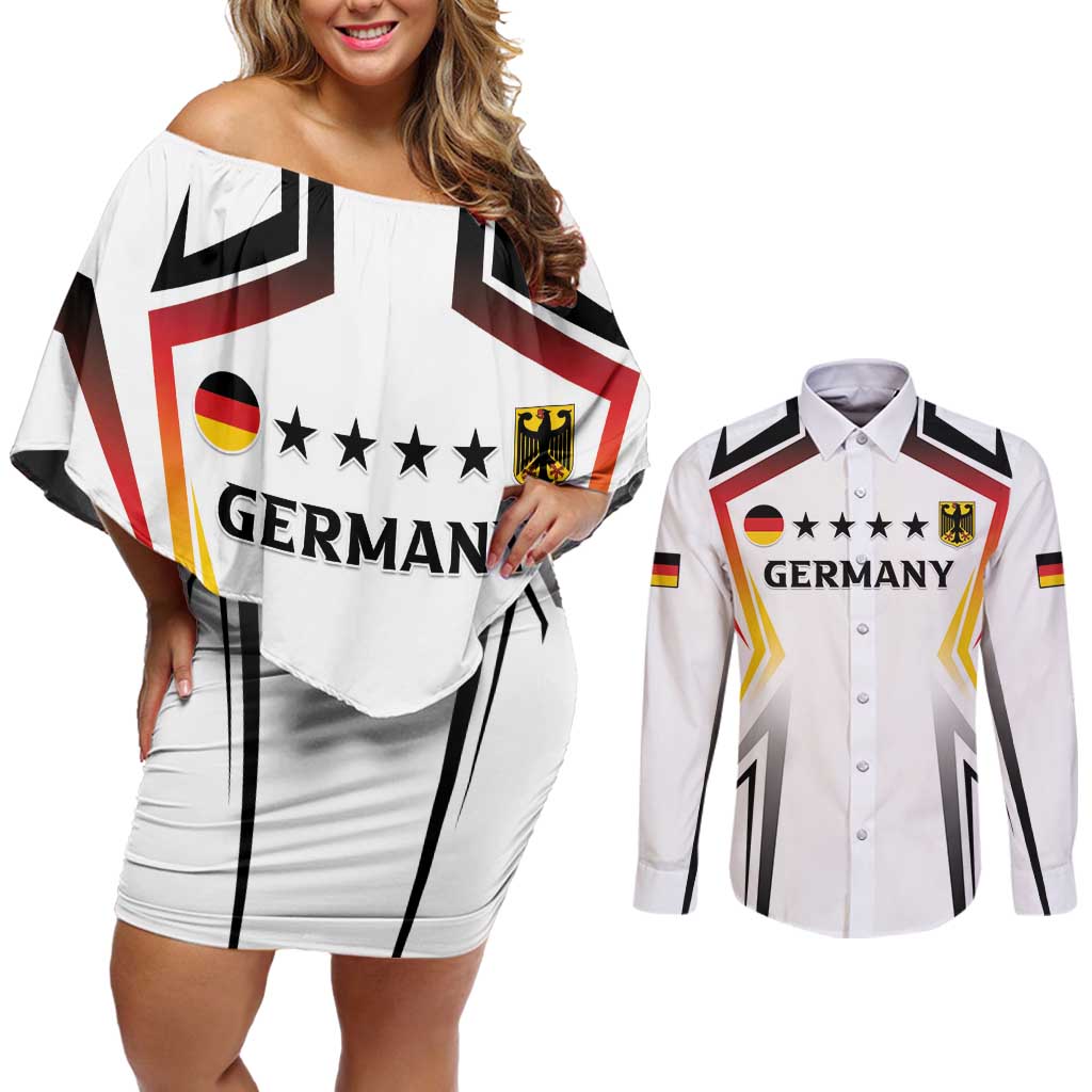 Custom Germany 2024 Football Couples Matching Off Shoulder Short Dress and Long Sleeve Button Shirt Go Champions Nationalelf White Version LT05 - Wonder Print Shop