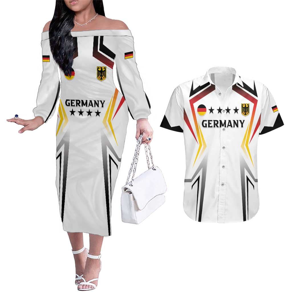 Custom Germany 2024 Football Couples Matching Off The Shoulder Long Sleeve Dress and Hawaiian Shirt Go Champions Nationalelf White Version LT05 - Wonder Print Shop