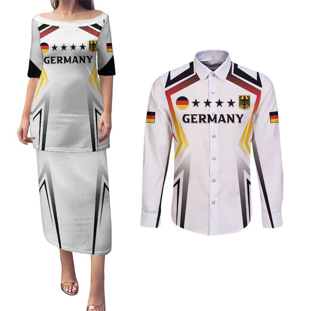 Custom Germany 2024 Football Couples Matching Puletasi and Long Sleeve Button Shirt Go Champions Nationalelf White Version LT05 - Wonder Print Shop