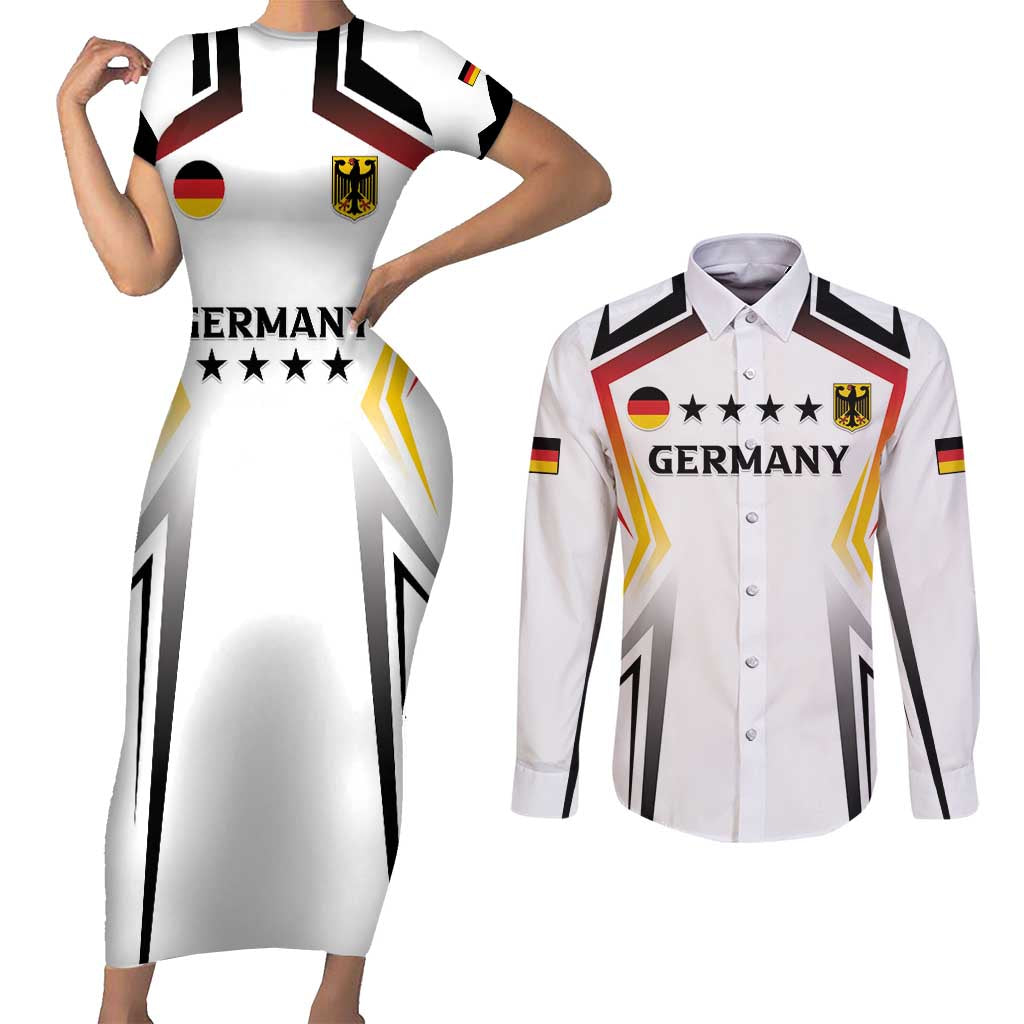 Custom Germany 2024 Football Couples Matching Short Sleeve Bodycon Dress and Long Sleeve Button Shirt Go Champions Nationalelf White Version LT05 - Wonder Print Shop