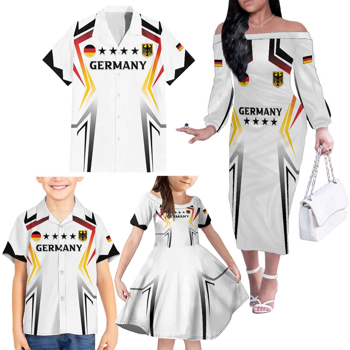 Custom Germany 2024 Football Family Matching Off The Shoulder Long Sleeve Dress and Hawaiian Shirt Go Champions Nationalelf White Version LT05 - Wonder Print Shop