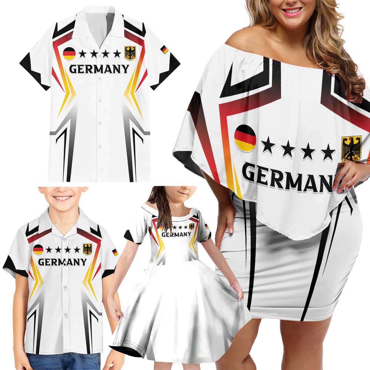 Custom Germany 2024 Football Family Matching Off Shoulder Short Dress and Hawaiian Shirt Go Champions Nationalelf White Version LT05 - Wonder Print Shop