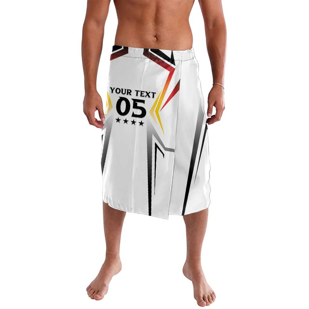 White football lavalava skirt with bold black/red graphic, stars, and number 05