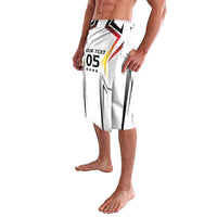 White football lavalava skirt with large red/black diagonal panel and number 05