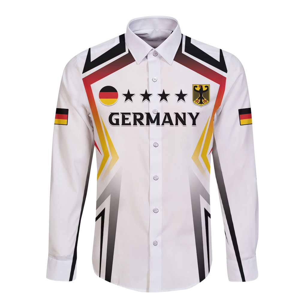 White long-sleeve button football shirt with Germany crest, flag stripes and star graphics