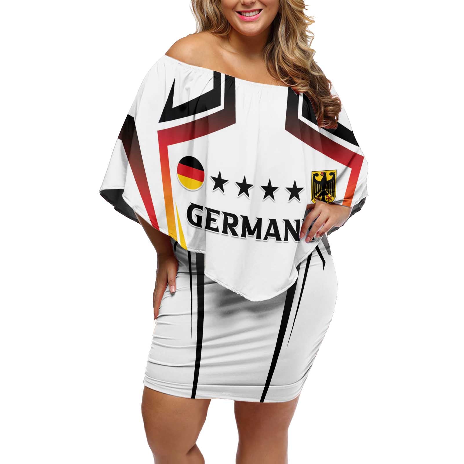 Custom Germany 2024 Football Off Shoulder Short Dress Go Champions Nationalelf White Version LT05 - Wonder Print Shop