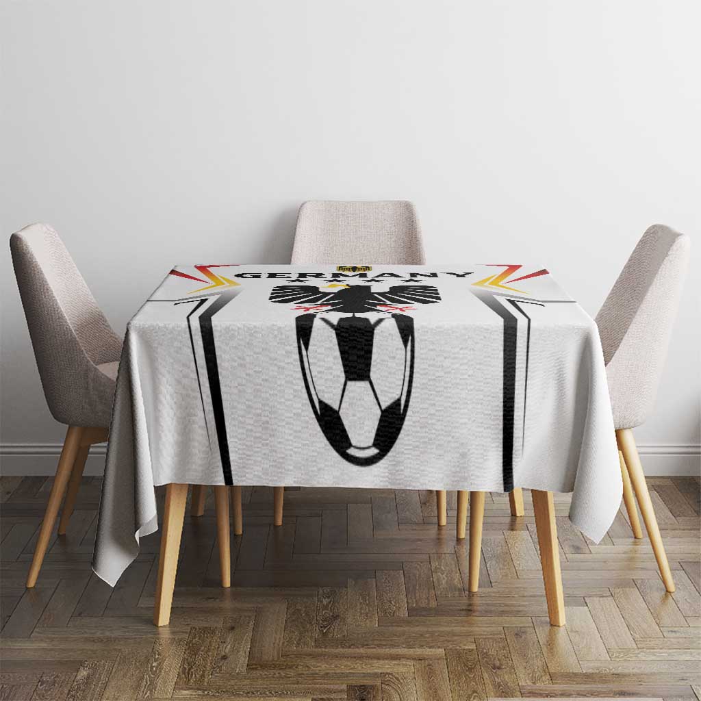 White football tablecloth with central soccer ball graphic and colorful emblem accents