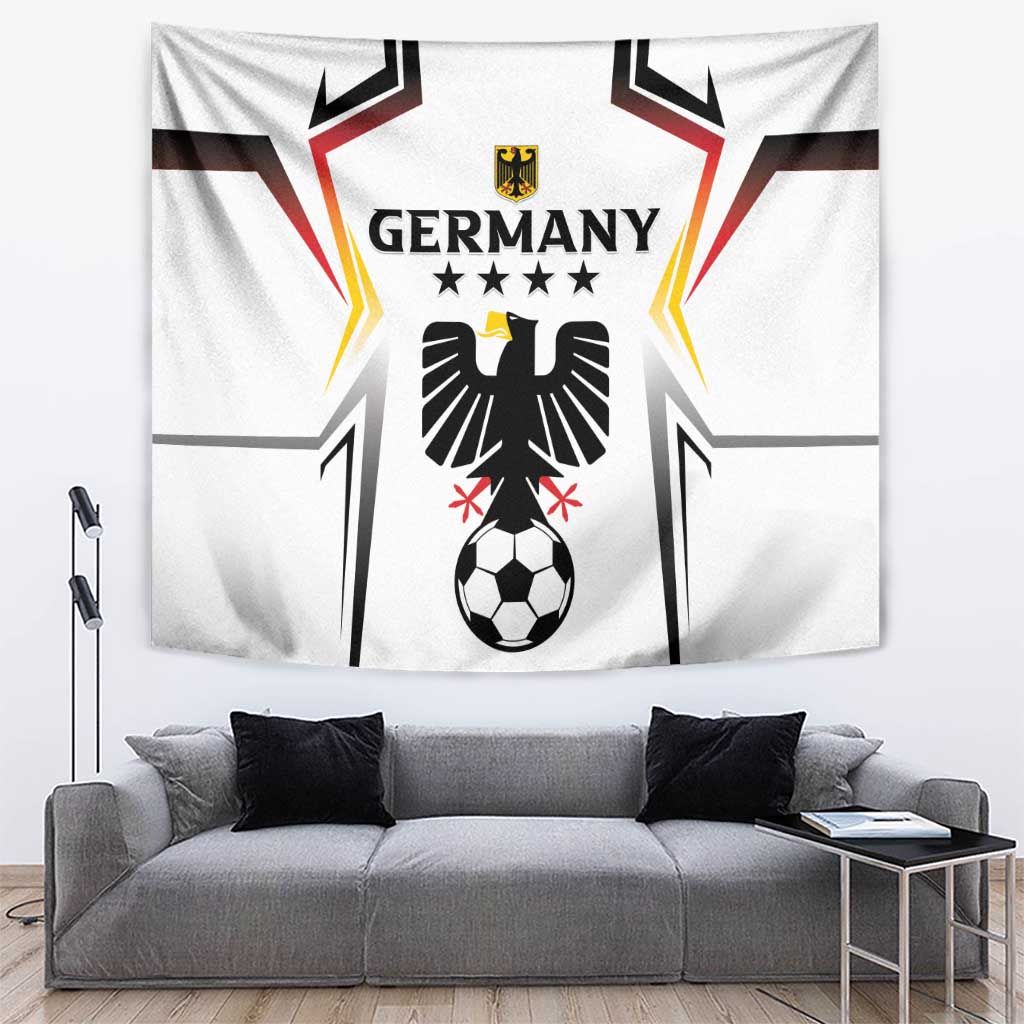 White Germany football tapestry wall hanging with eagle crest and soccer ball graphic