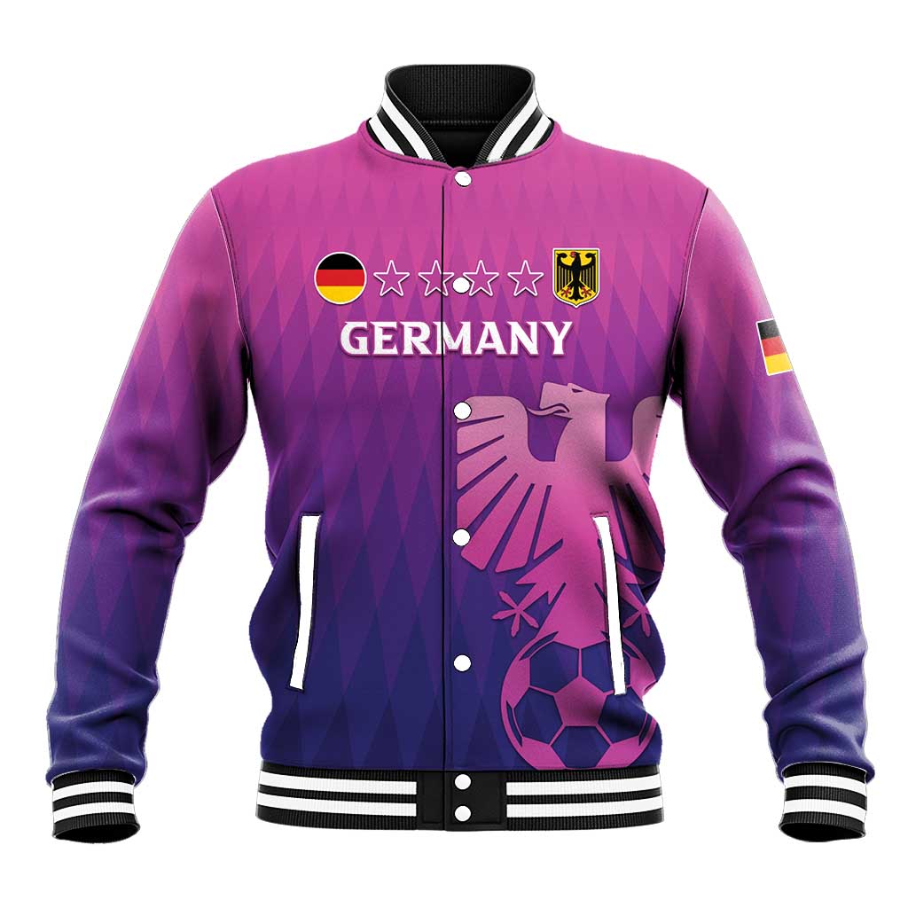Pink purple Germany graphic varsity baseball jacket with snap buttons and striped rib trim