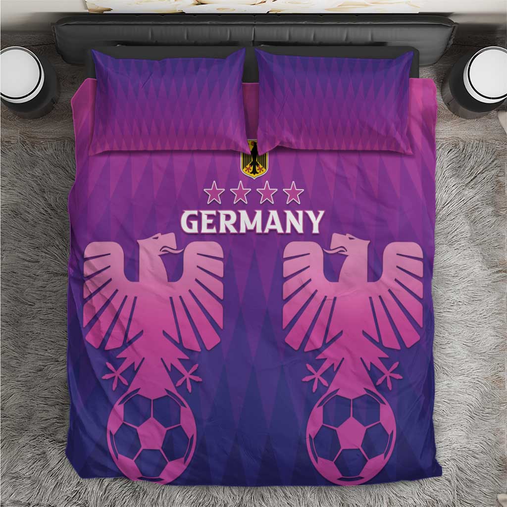 Purple Germany duvet and pillow set featuring “Germany” emblem, stars, and soccer ball prints