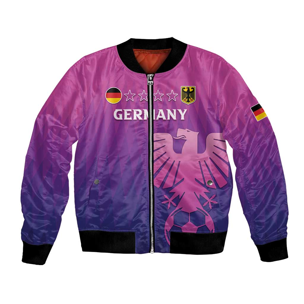 Pink-purple bomber jacket with full front zipper, black ribbed cuffs and Germany emblem