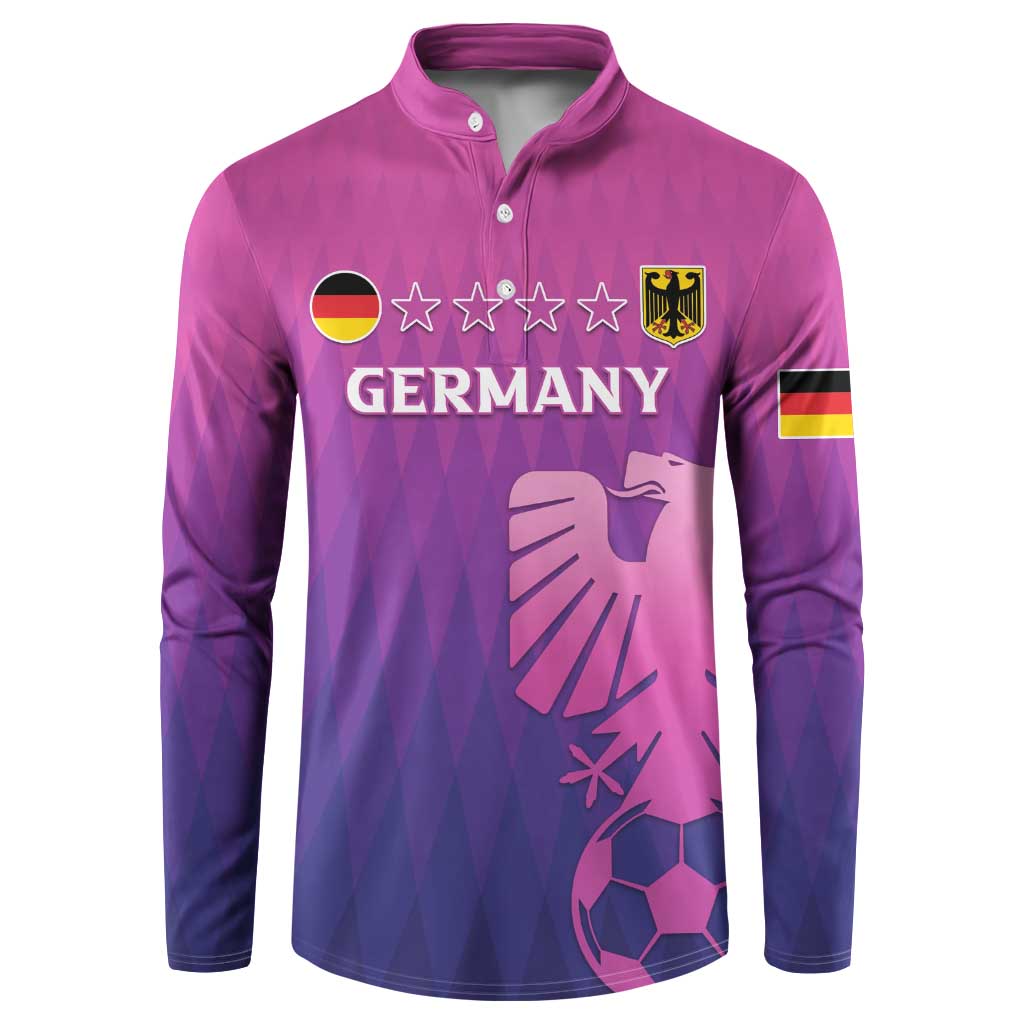 Pink and purple Germany football button sweatshirt with crest, stars, and soccer ball graphic