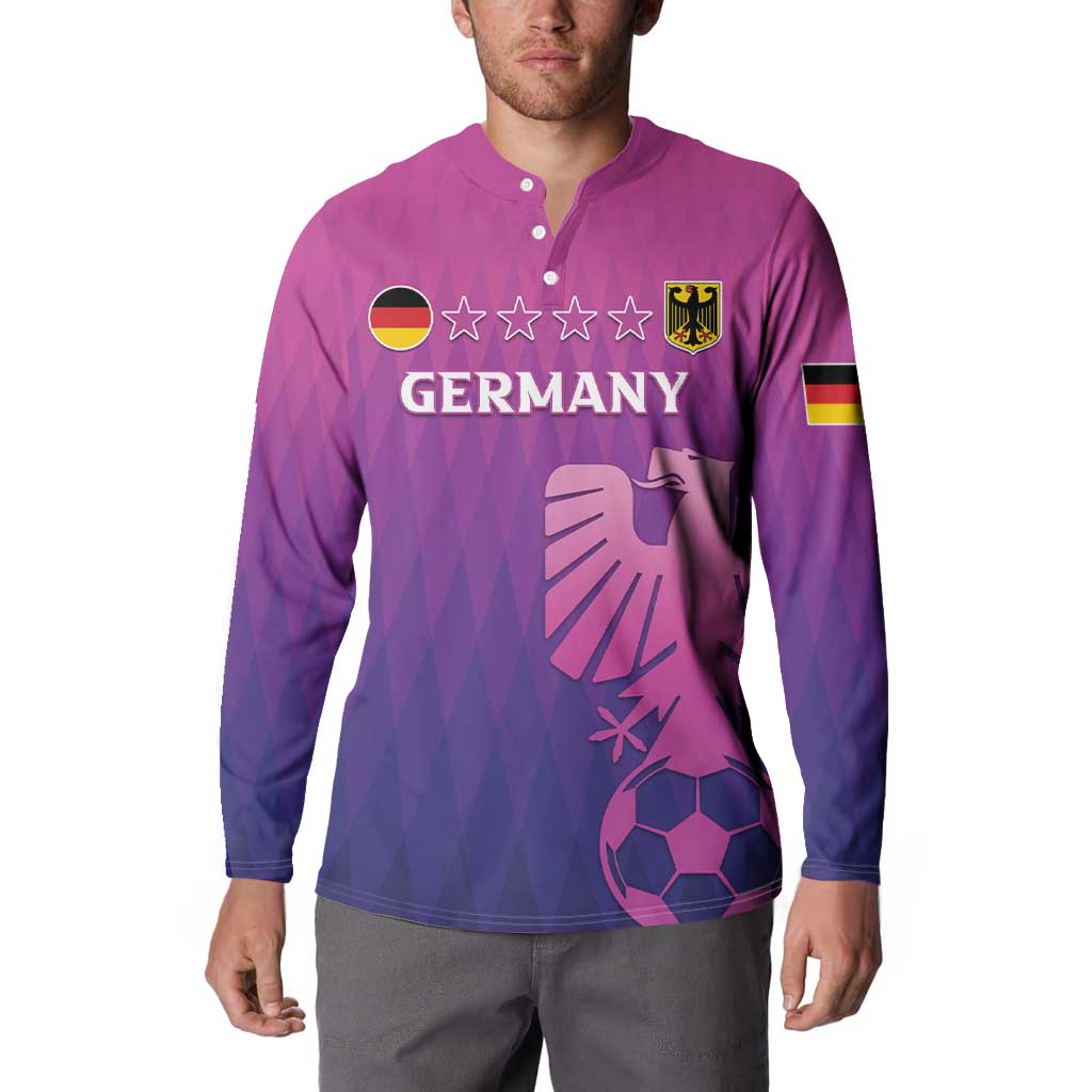 Pink and purple Germany football button sweatshirt with long sleeves, front graphic and badge