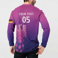Back view: pink and purple football button sweatshirt with YOUR TEXT 05 and kangaroo graphic