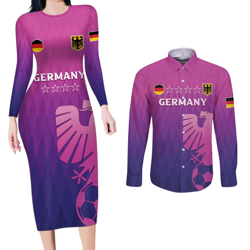 Custom Germany 2024 Football Couples Matching Long Sleeve Bodycon Dress and Long Sleeve Button Shirt Go Champions Nationalelf Pink Version LT05 - Wonder Print Shop