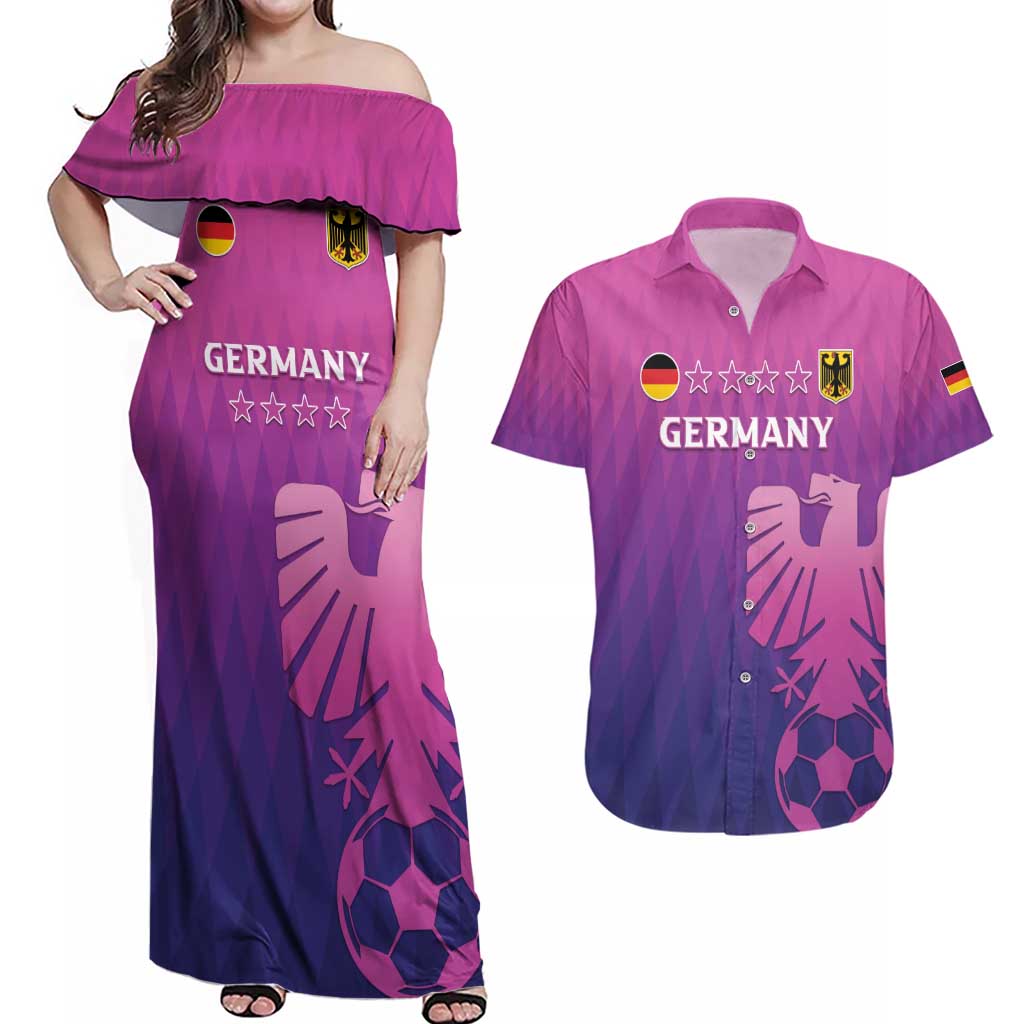 Custom Germany 2024 Football Couples Matching Off Shoulder Maxi Dress and Hawaiian Shirt Go Champions Nationalelf Pink Version LT05 - Wonder Print Shop