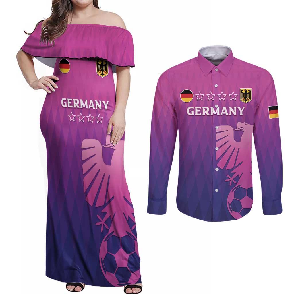 Custom Germany 2024 Football Couples Matching Off Shoulder Maxi Dress and Long Sleeve Button Shirt Go Champions Nationalelf Pink Version LT05 - Wonder Print Shop