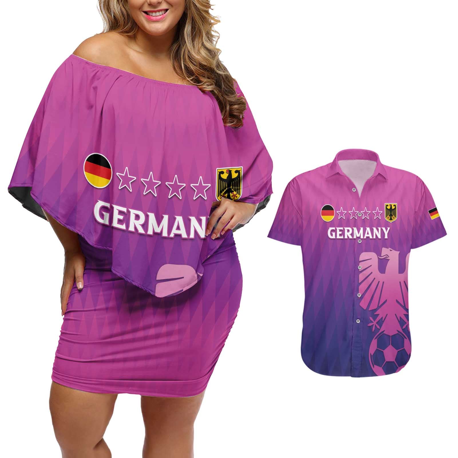 Custom Germany 2024 Football Couples Matching Off Shoulder Short Dress and Hawaiian Shirt Go Champions Nationalelf Pink Version LT05 - Wonder Print Shop