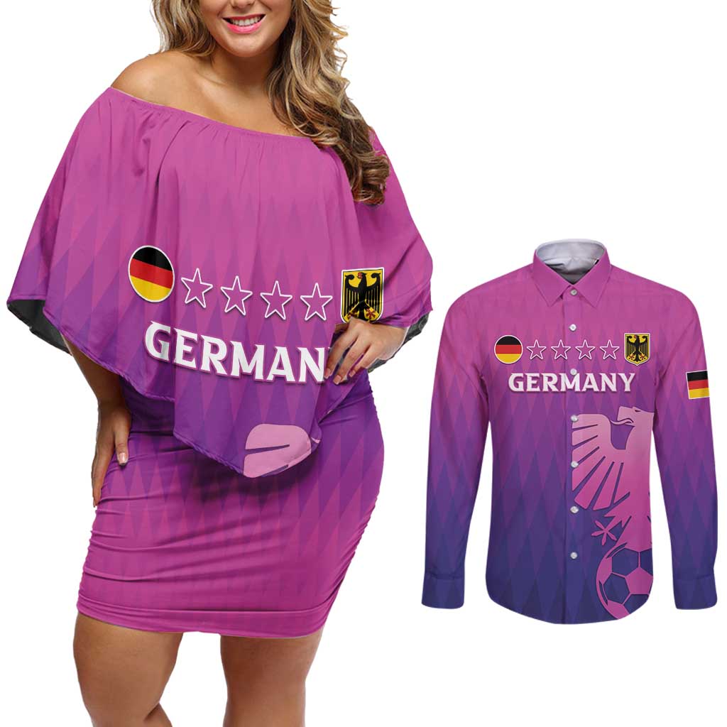 Custom Germany 2024 Football Couples Matching Off Shoulder Short Dress and Long Sleeve Button Shirt Go Champions Nationalelf Pink Version LT05 - Wonder Print Shop