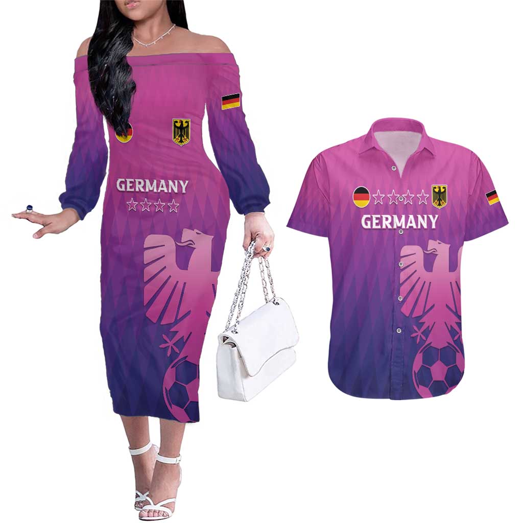 Custom Germany 2024 Football Couples Matching Off The Shoulder Long Sleeve Dress and Hawaiian Shirt Go Champions Nationalelf Pink Version LT05 - Wonder Print Shop