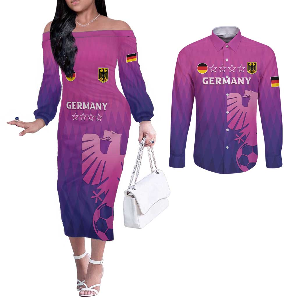 Custom Germany 2024 Football Couples Matching Off The Shoulder Long Sleeve Dress and Long Sleeve Button Shirt Go Champions Nationalelf Pink Version